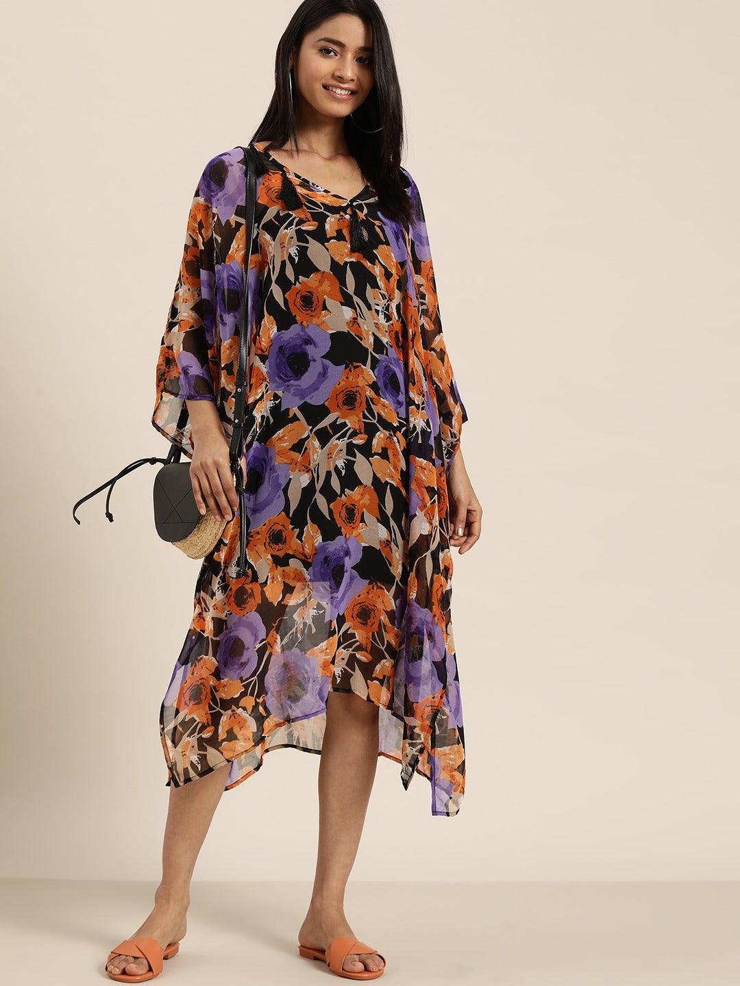 Qurvii Women Black & Orange Sheer Floral Printed Asymmetric Kaftan Dress - Qurvii India