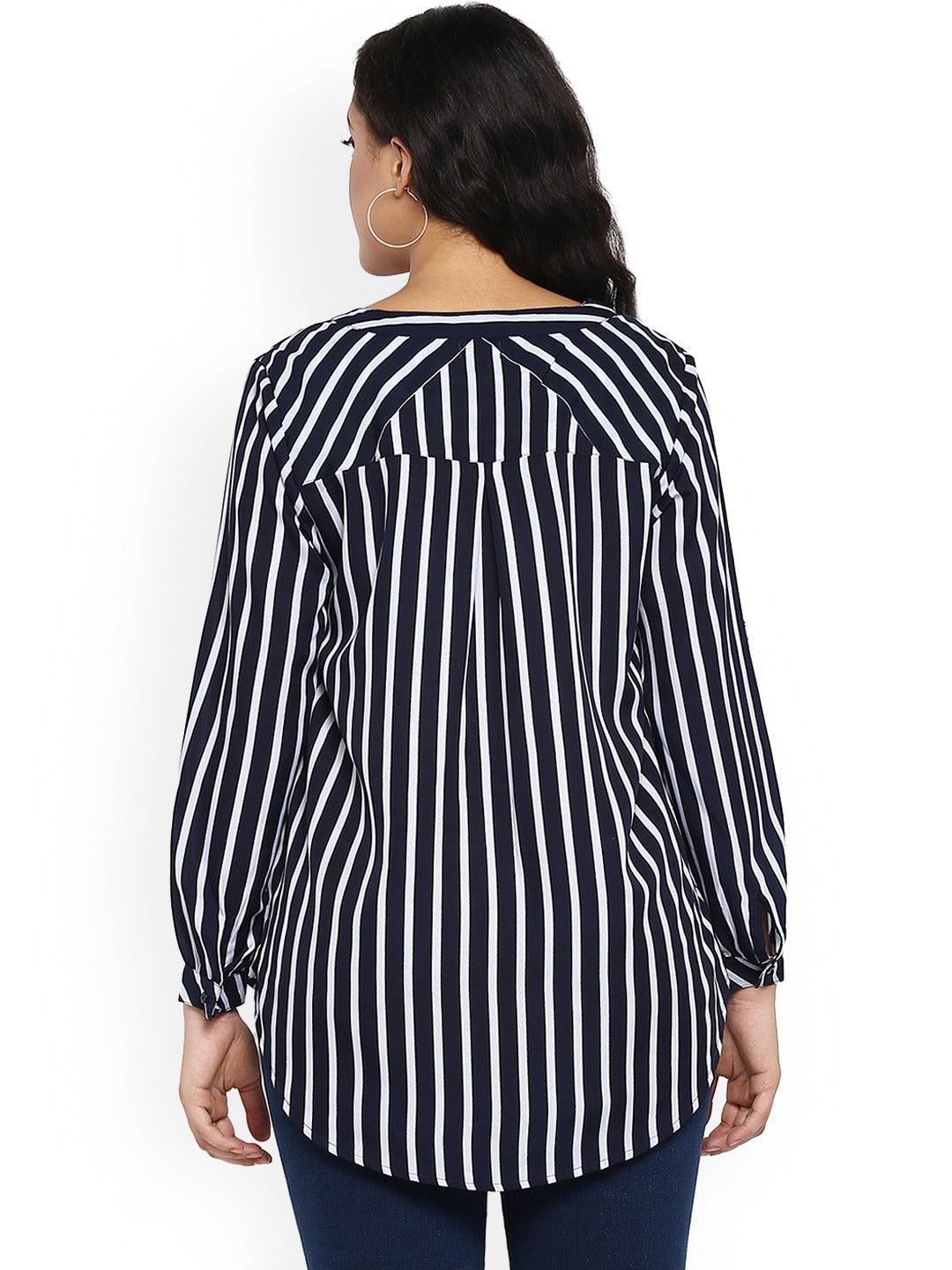 Qurvii Women Navy Blue Striped High-Low Top - Qurvii India