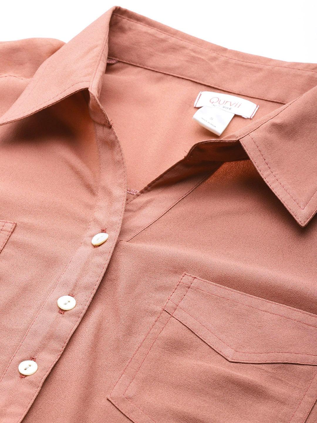 Qurvii Women Dusty Pink Boxy Solid High-Low Crop Casual Shirt - Qurvii India