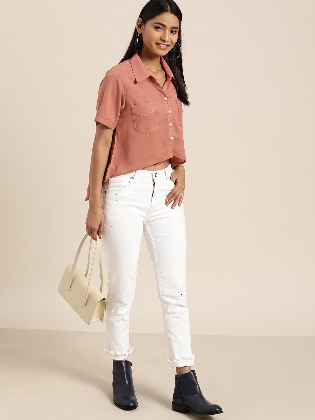 Qurvii Women Dusty Pink Boxy Solid High-Low Crop Casual Shirt - Qurvii India