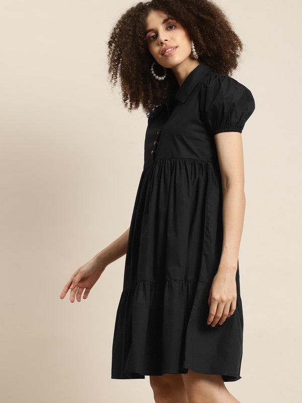 Black Sold Tiered Dress