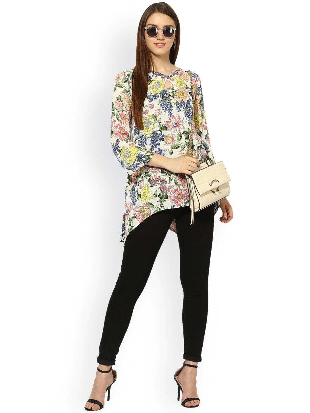 Qurvii Floral Sharbite Criss Cross Scoop Neck Tunic - Qurvii India