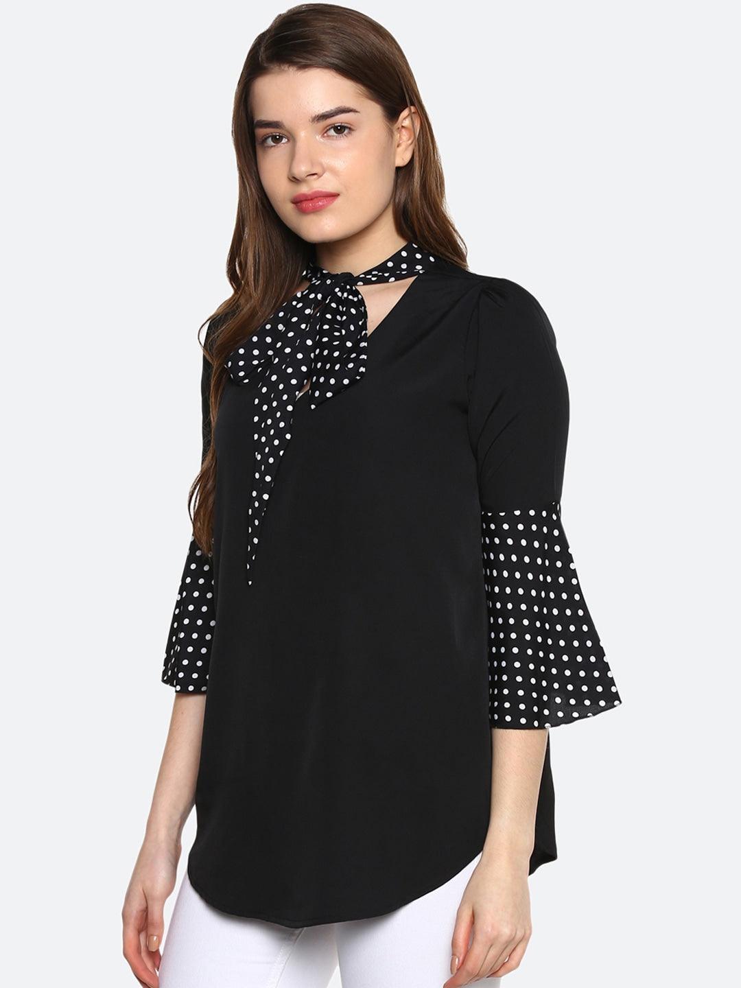 Qurvii Women Black Polka Dot Print A-Line Top - Qurvii India
