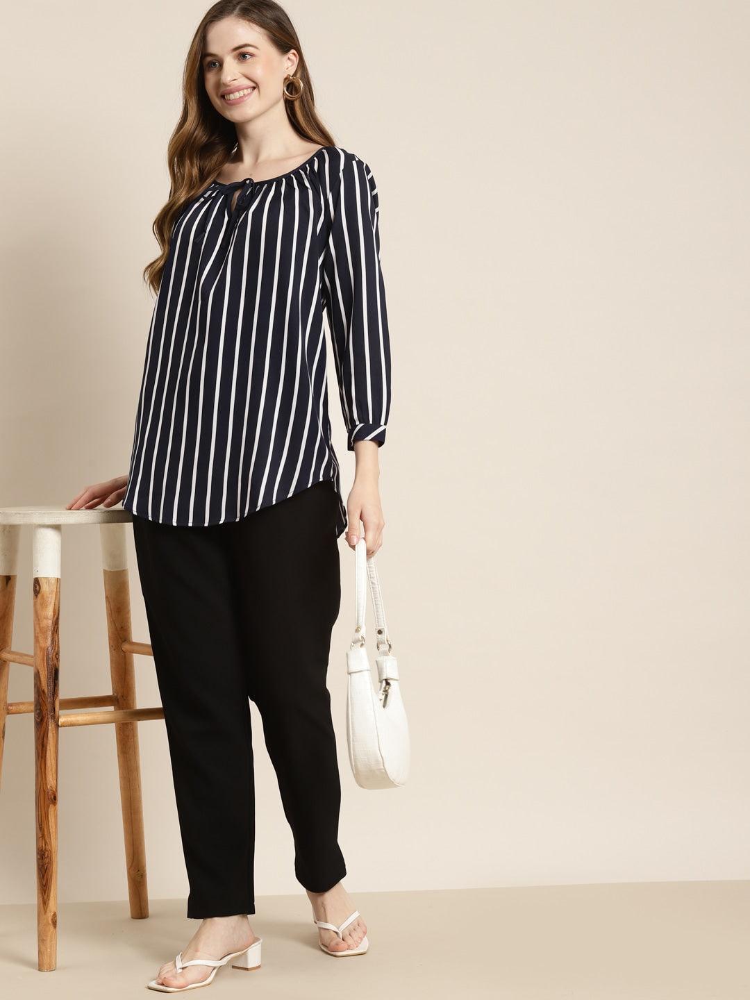 Qurvii Navy Blue & White Striped Tie-Up Neck Top - Qurvii India
