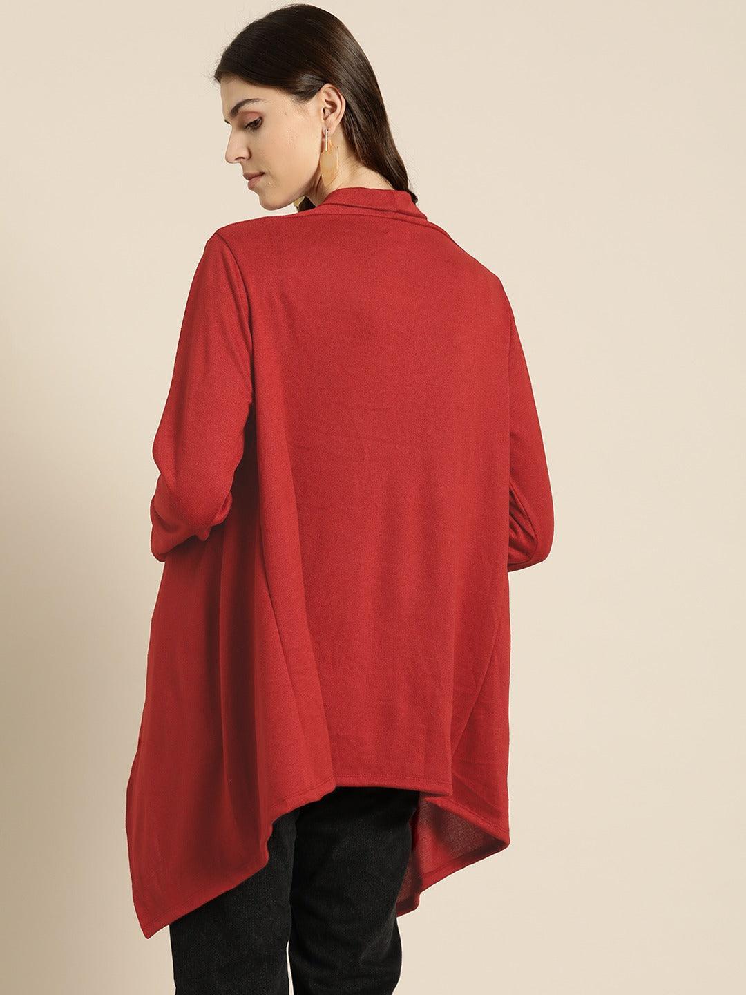 Qurvii Women Maroon Solid Button Shrug - Qurvii India