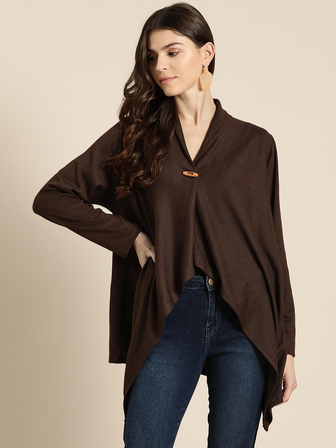 Qurvii Women Coffee Brown Solid Toggle Shrug - Qurvii India