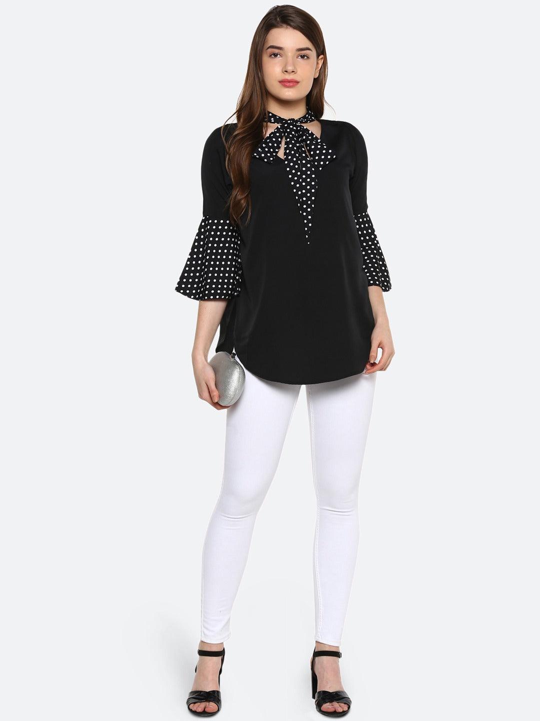 Qurvii Women Black Polka Dot Print A-Line Top - Qurvii India