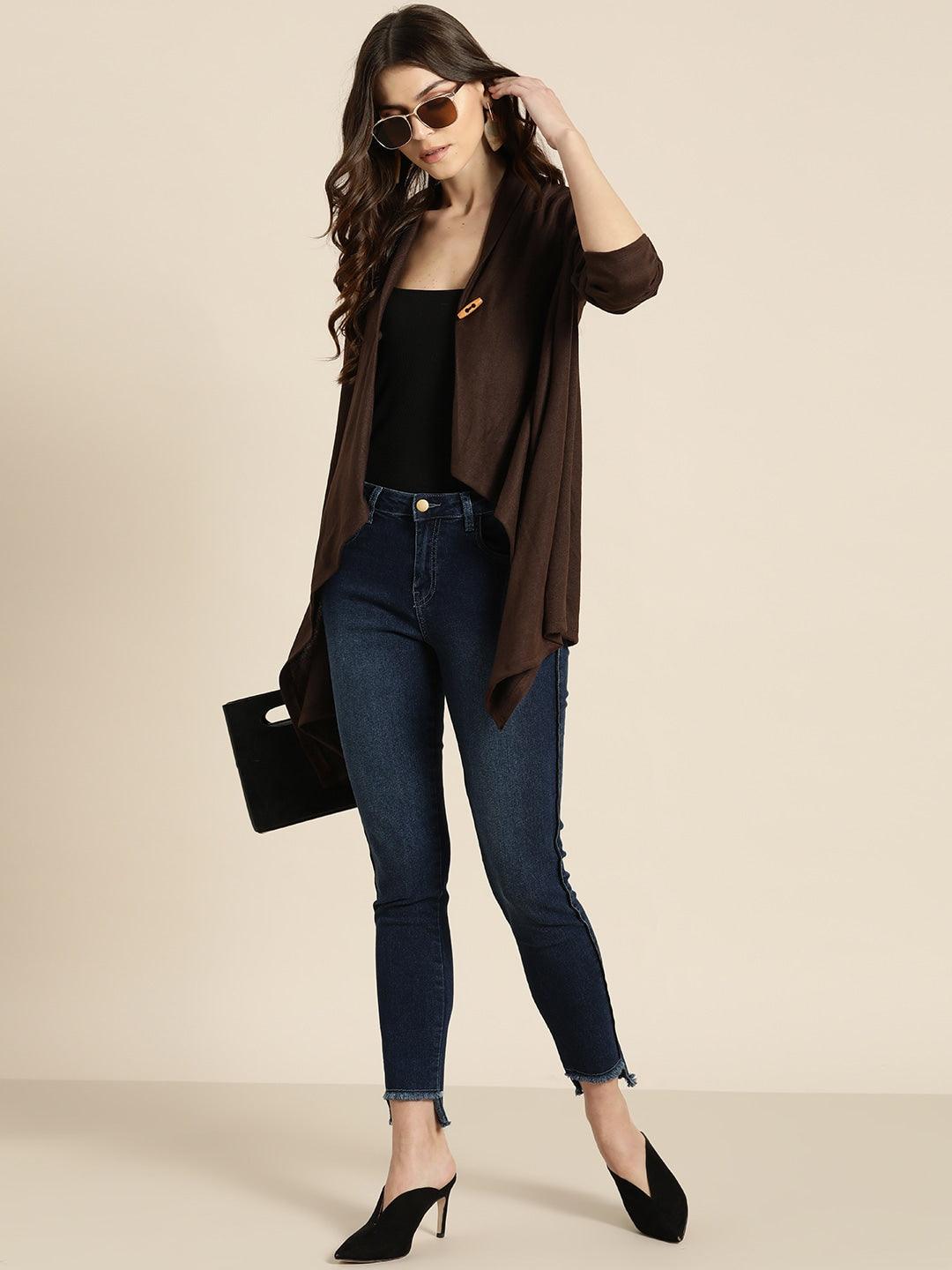 Qurvii Women Coffee Brown Solid Toggle Shrug - Qurvii India