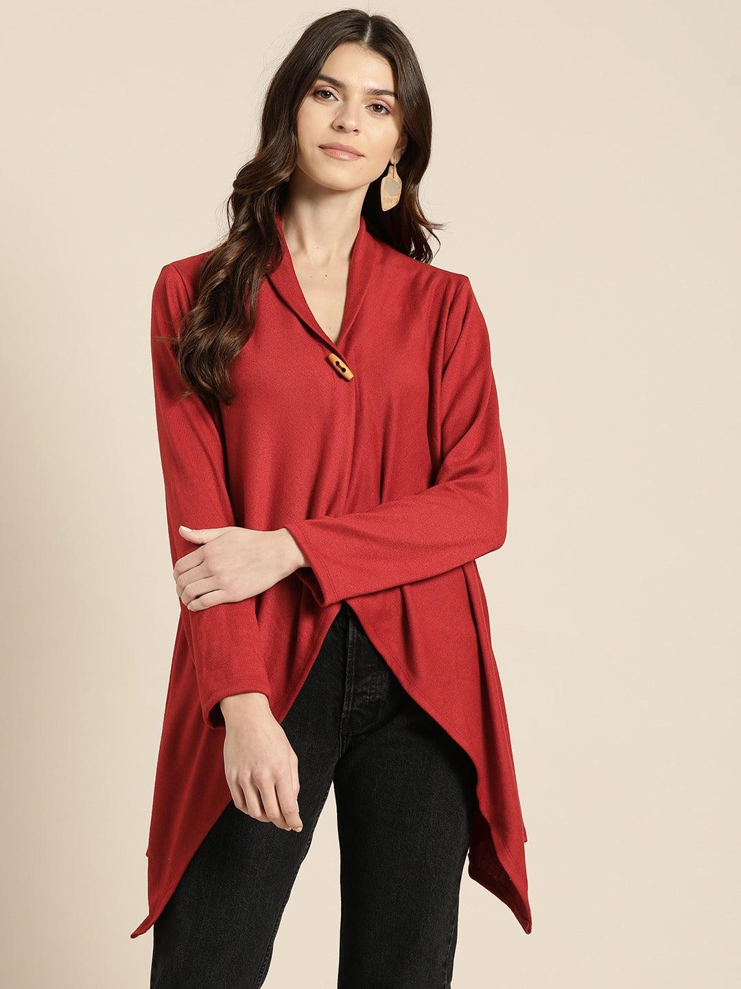 Qurvii Women Maroon Solid Button Shrug - Qurvii India