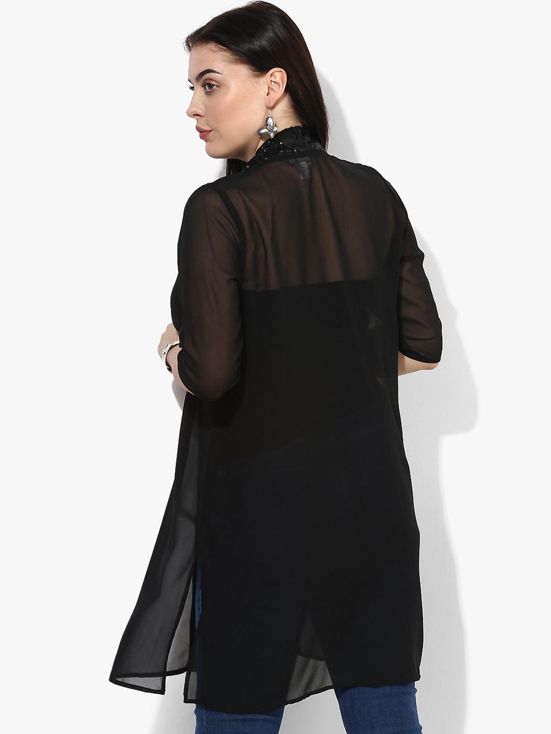 Qurvii Black Solid Open Front Shrug - Qurvii India