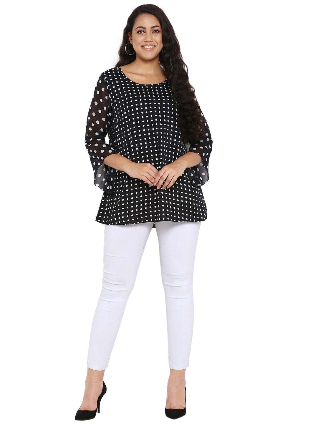 Qurvii Women Black Polka Dot Printed A-Line Top - Qurvii India