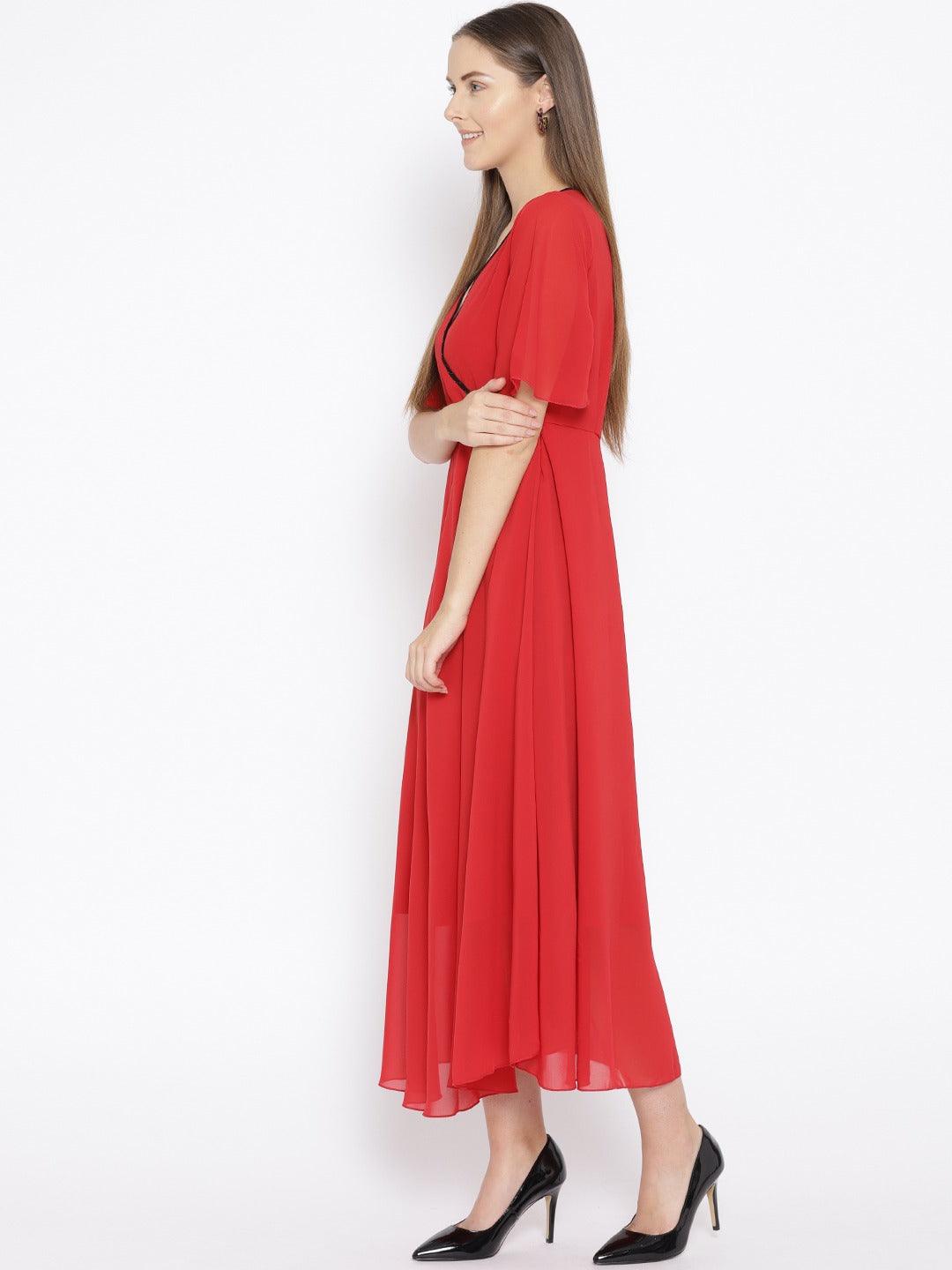Qurvii Women Red Solid Wrap Maxi Dress - Qurvii India