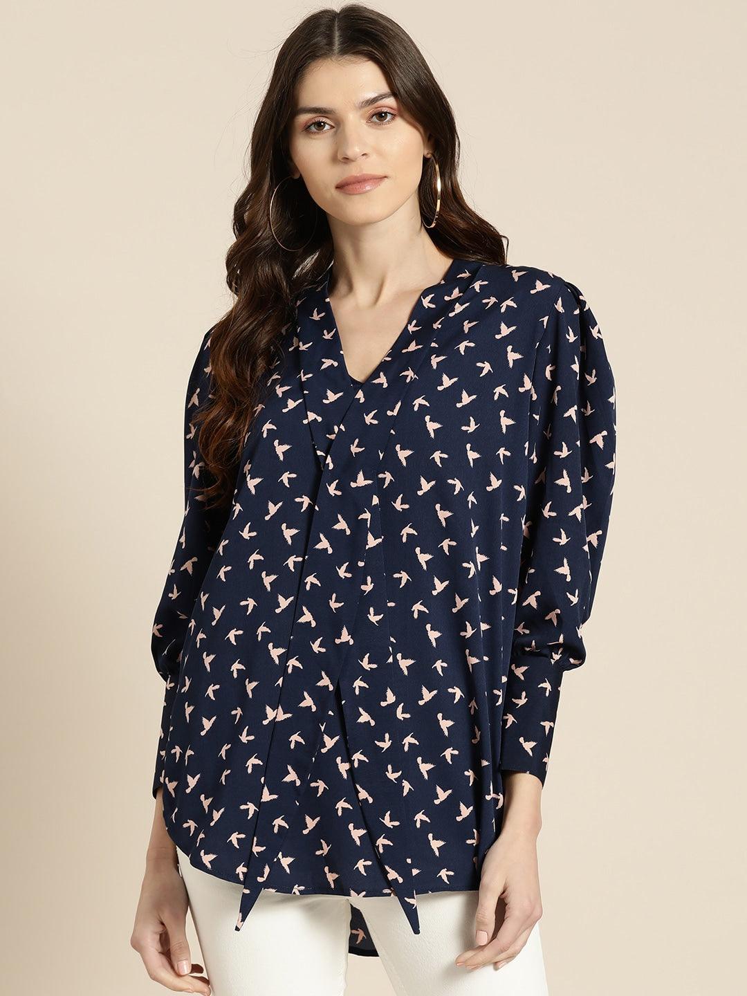 Qurvii Women Navy Blue Pink Conversational Printed Top - Qurvii India