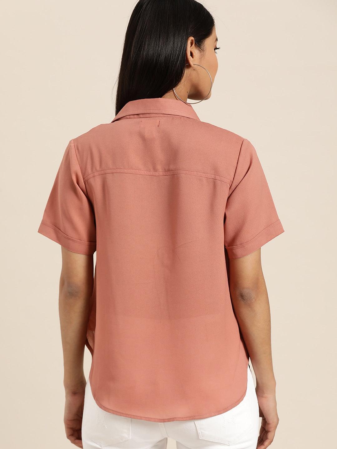 Qurvii Women Dusty Pink Boxy Solid High-Low Crop Casual Shirt - Qurvii India