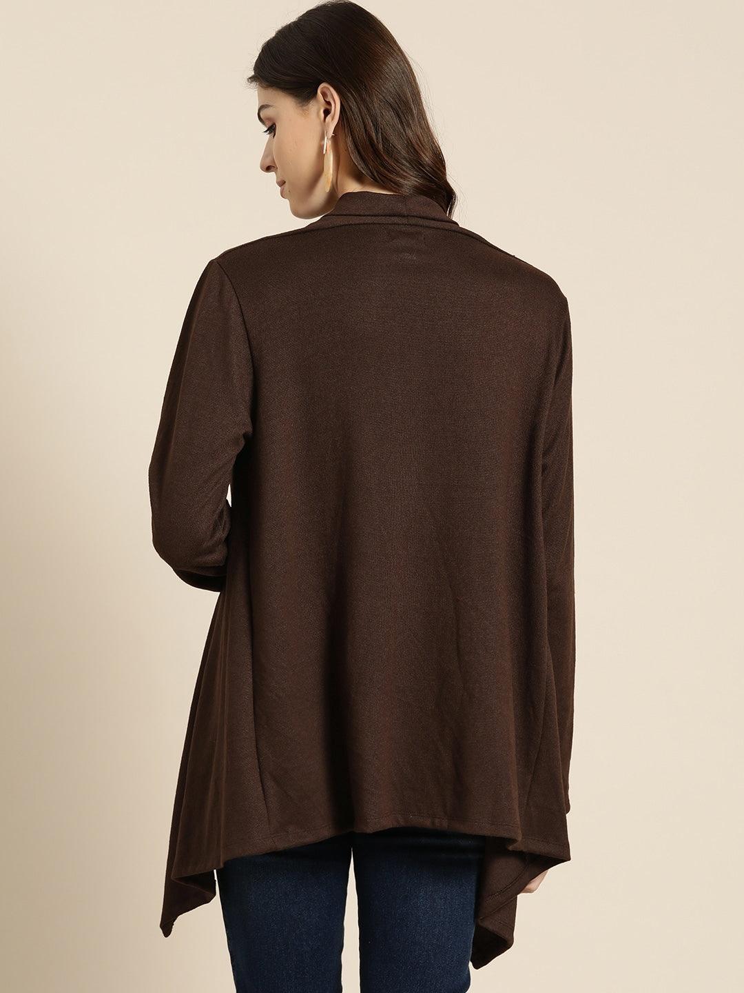 Qurvii Women Coffee Brown Solid Toggle Shrug - Qurvii India