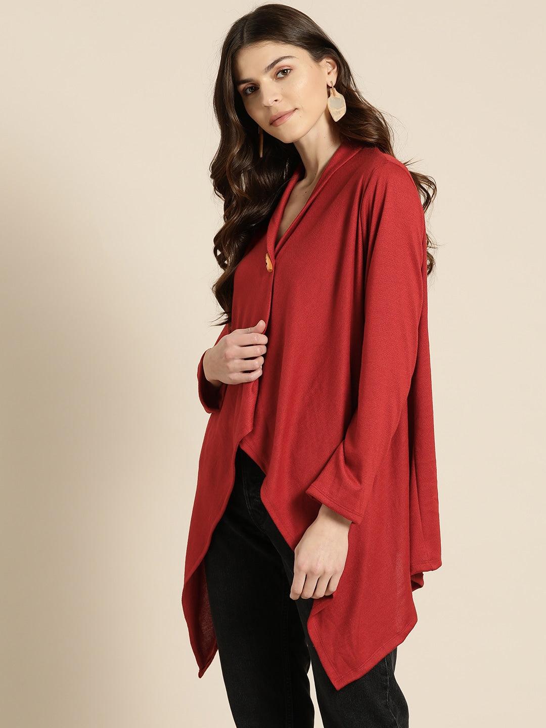 Qurvii Women Maroon Solid Button Shrug - Qurvii India