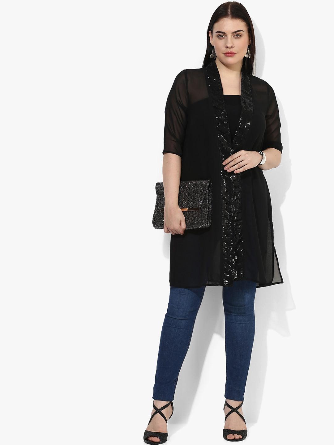 Qurvii Black Solid Open Front Shrug - Qurvii India