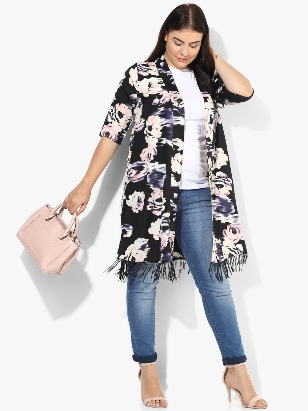 Qurvii Black Printed Open Front Shrug - Qurvii India