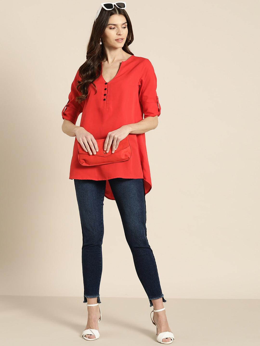 Qurvii Women Red Solid High-Low Top - Qurvii India