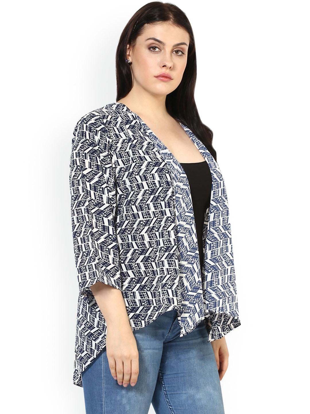 Qurvii Women Blue Printed Open Front Shrug - Qurvii India