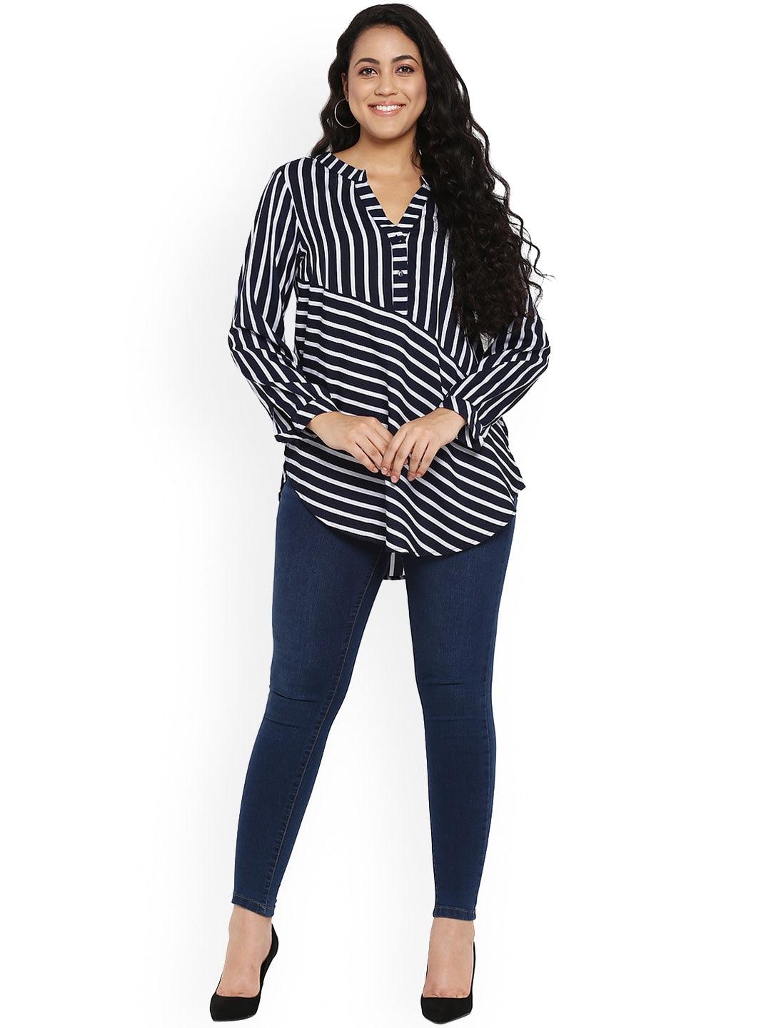 Qurvii Women Navy Blue Striped High-Low Top - Qurvii India