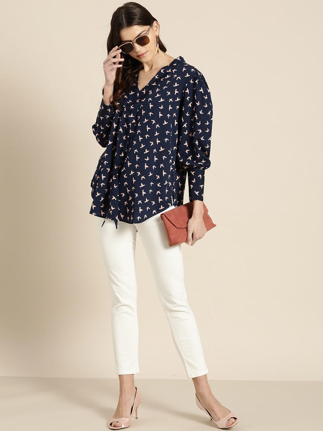 Qurvii Women Navy Blue Pink Conversational Printed Top - Qurvii India