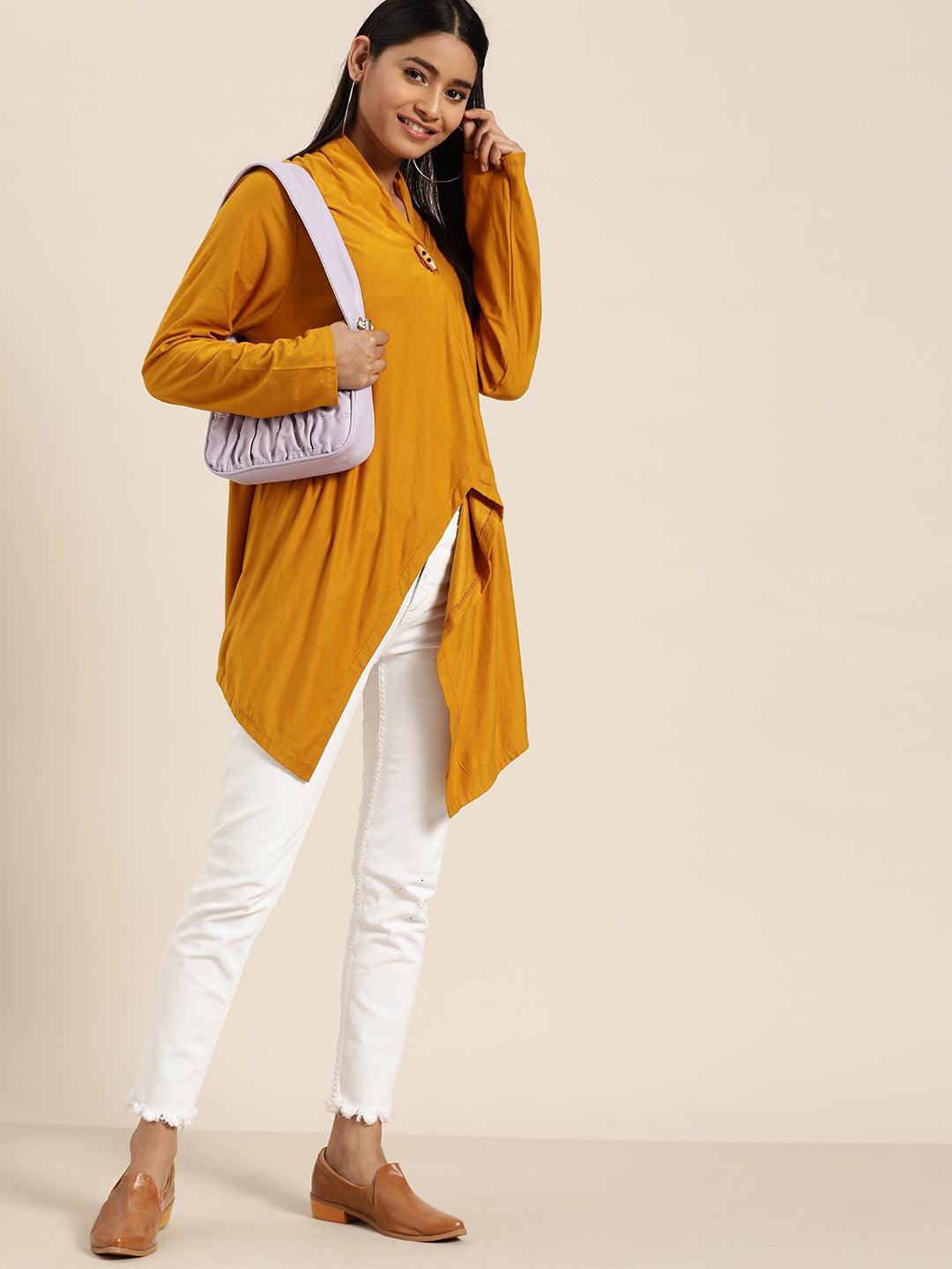 Qurvii Women Mustard Yellow Solid Asymmetric Button Shrug - Qurvii India