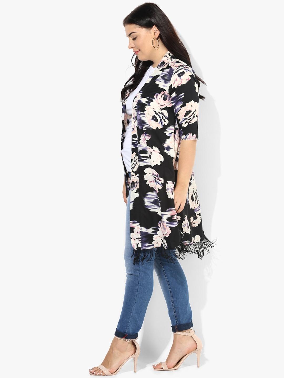 Qurvii Black Printed Open Front Shrug - Qurvii India