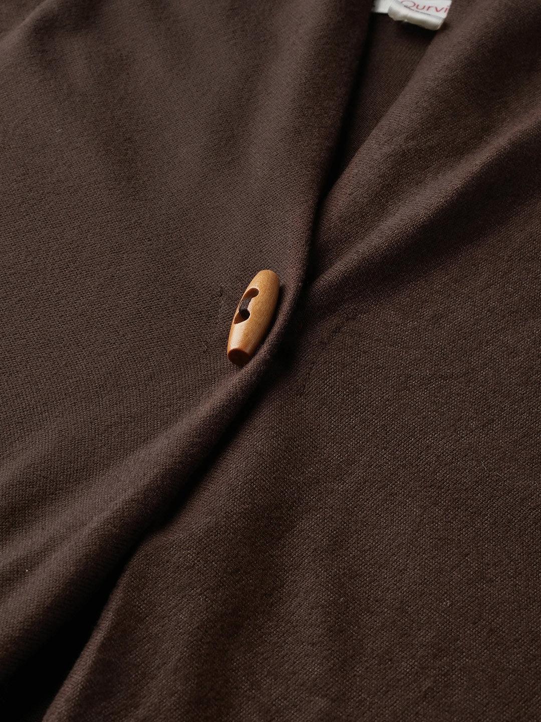 Qurvii Women Coffee Brown Solid Toggle Shrug - Qurvii India