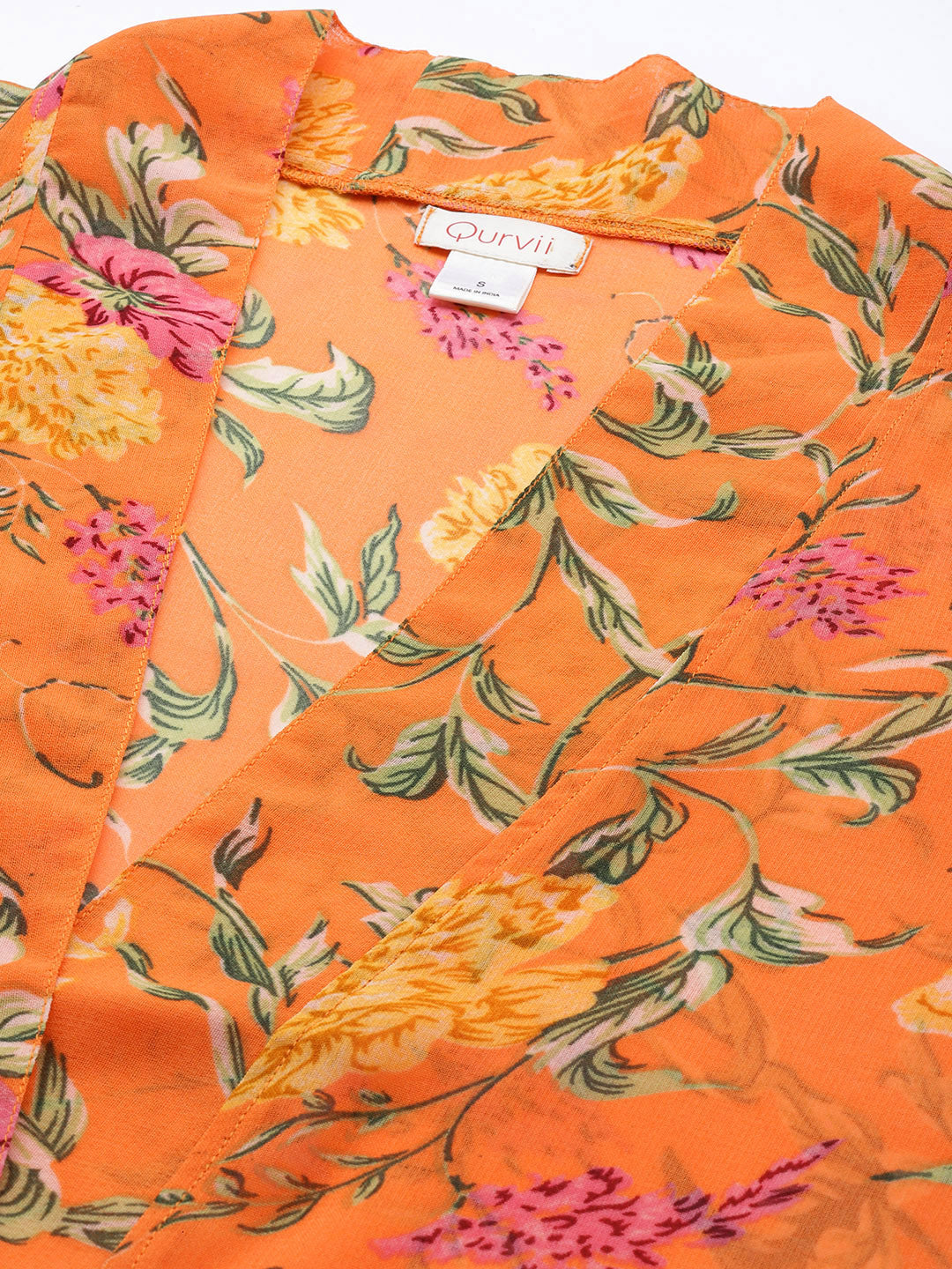 Floral Light Orange Relaxed Fit V Neck Three Quarter Georgette Shrug