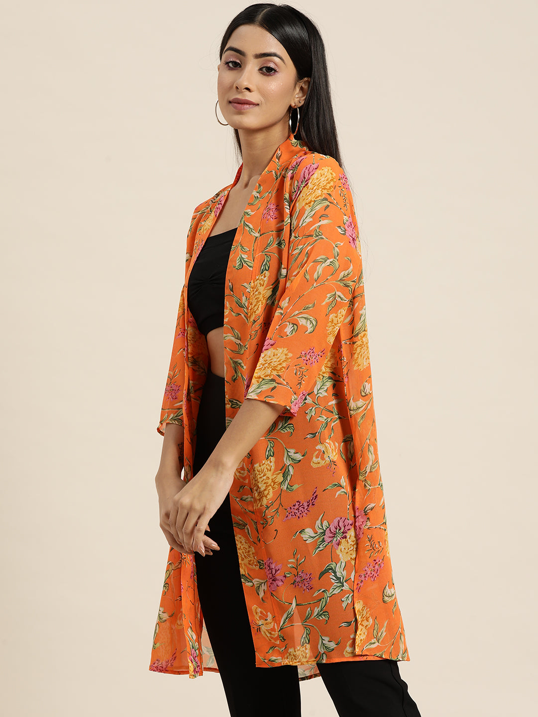 Floral Light Orange Relaxed Fit V Neck Three Quarter Georgette Shrug