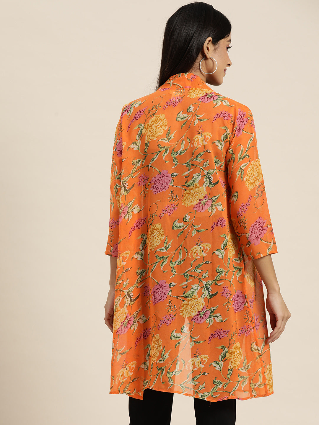 Floral Light Orange Relaxed Fit V Neck Three Quarter Georgette Shrug