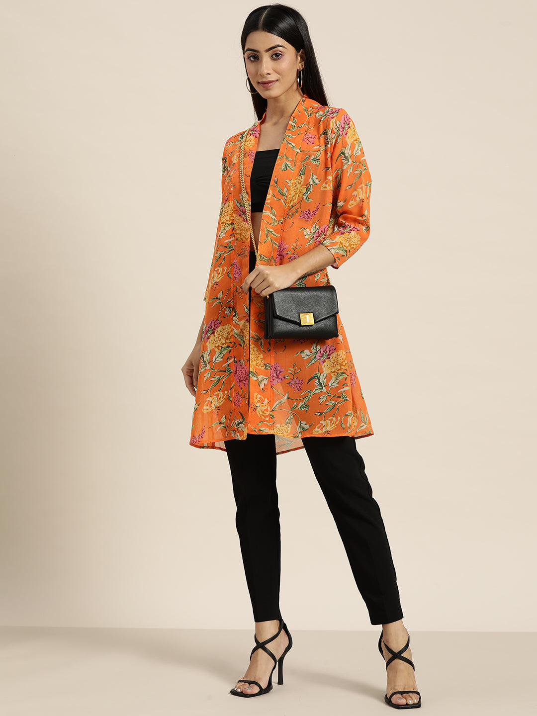Floral Light Orange Relaxed Fit V Neck Three Quarter Georgette Shrug