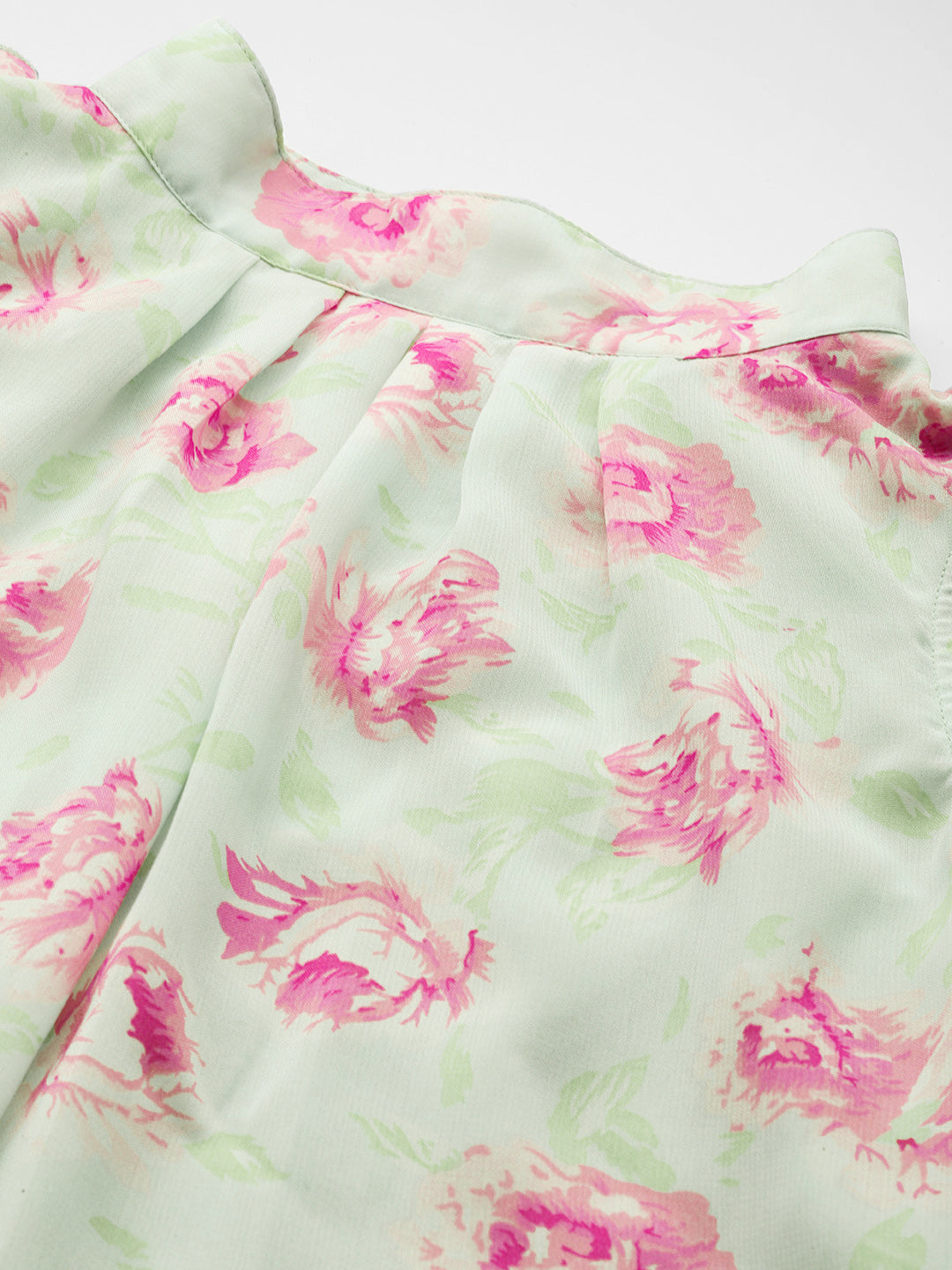 Pastels Print Floral Light Multi Regular Fit Banded Collar Full Ruffle Sleeve Georgette Top