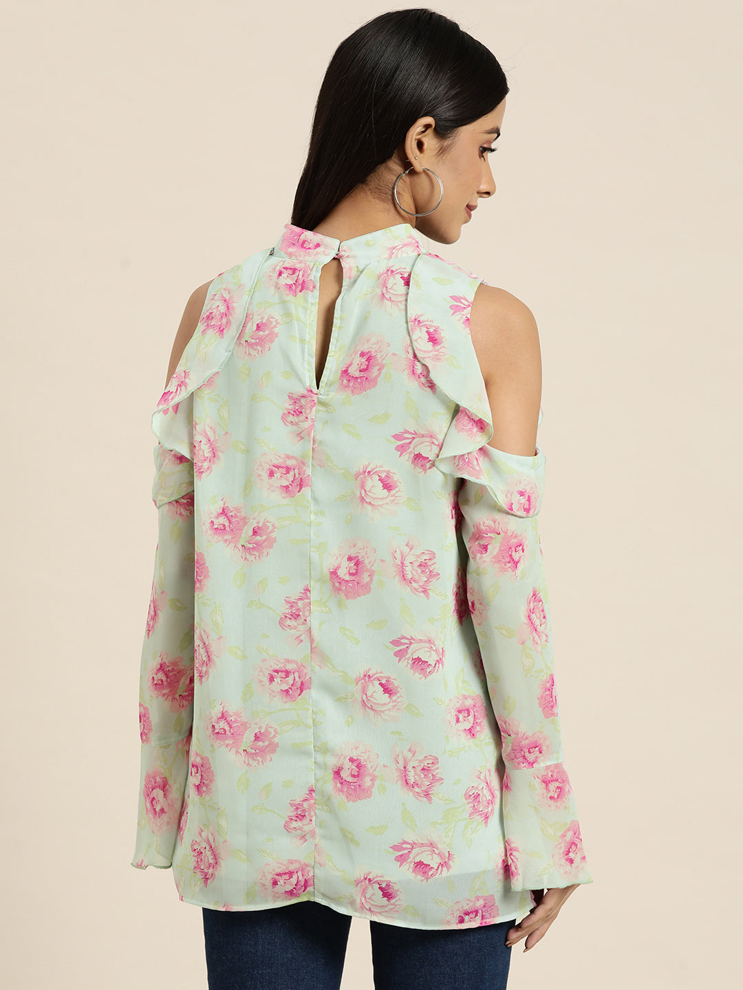 Pastels Print Floral Light Multi Regular Fit Banded Collar Full Ruffle Sleeve Georgette Top