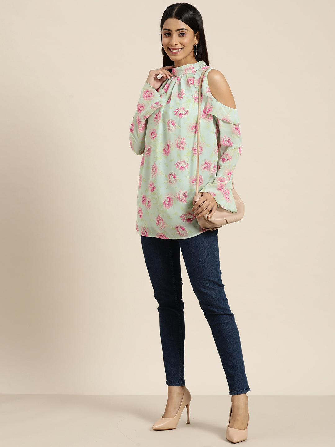 Pastels Print Floral Light Multi Regular Fit Banded Collar Full Ruffle Sleeve Georgette Top