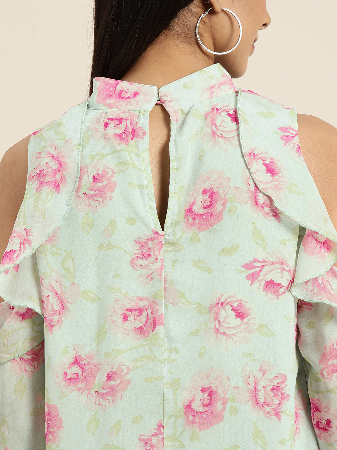 Pastels Print Floral Light Multi Regular Fit Banded Collar Full Ruffle Sleeve Georgette Top