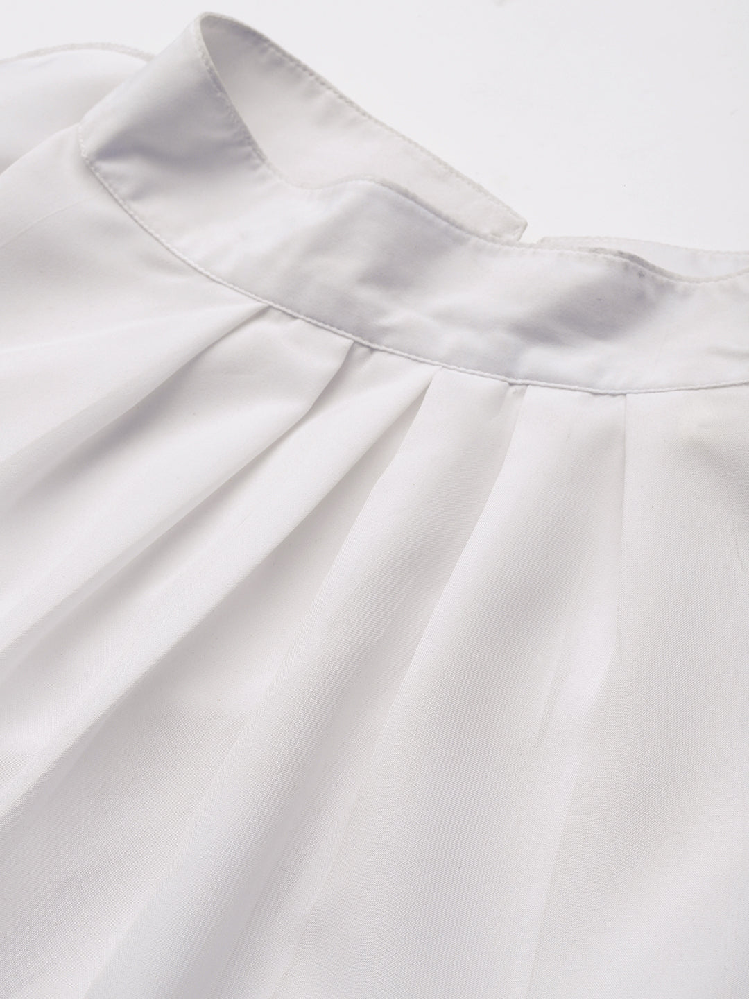 Solid Light White Regular Fit Banded Collar Full Ruffle Sleeve Crepe Top