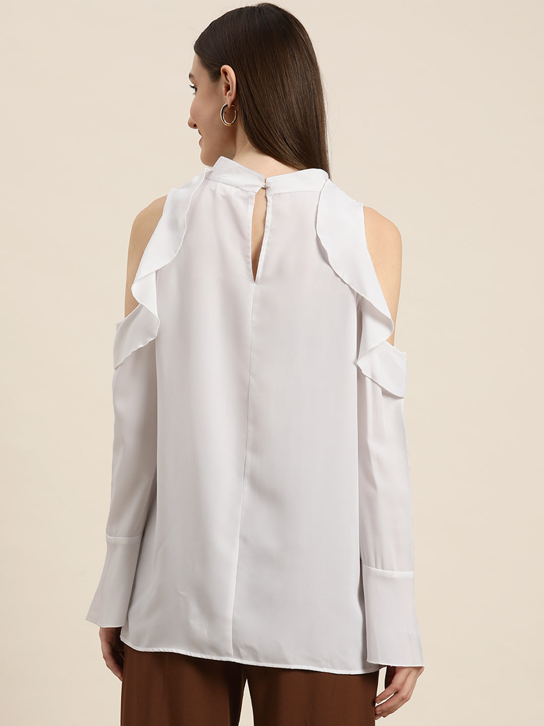 Solid Light White Regular Fit Banded Collar Full Ruffle Sleeve Crepe Top