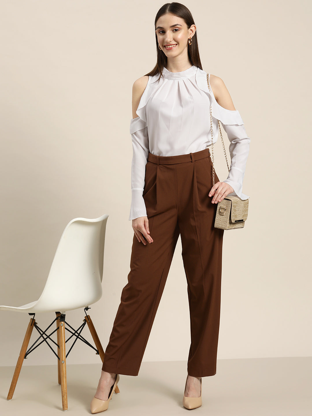 Solid Light White Regular Fit Banded Collar Full Ruffle Sleeve Crepe Top