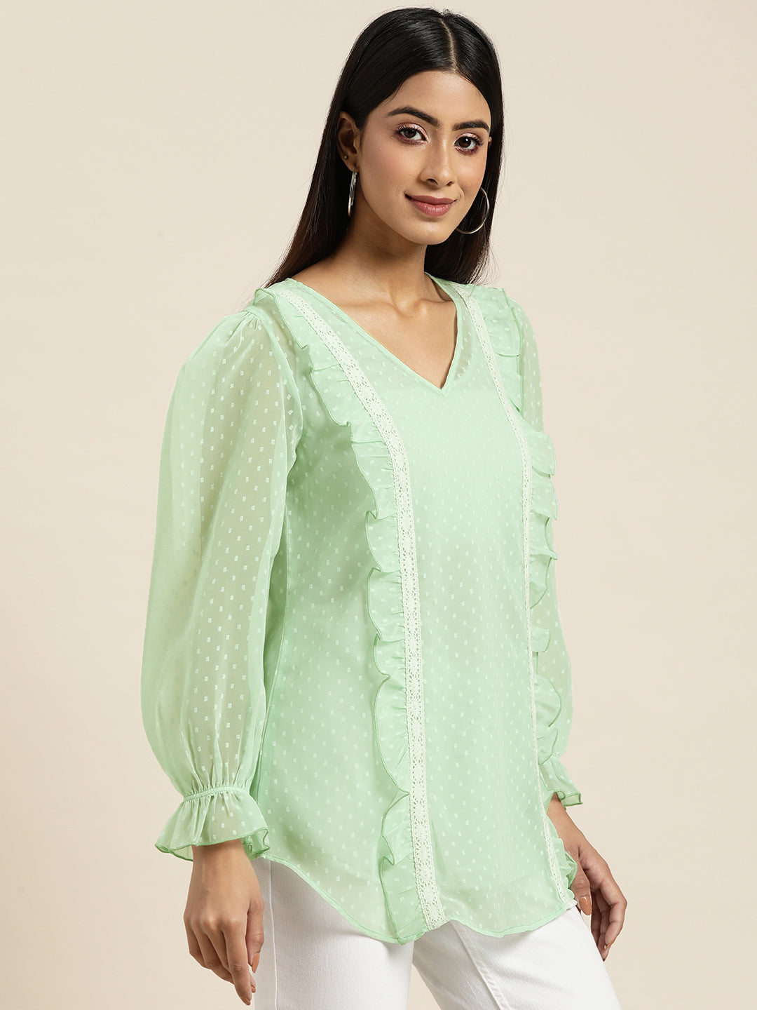 Pastels Light Mint Green Regular Fit V Neck Full Ruffle Sleeve Georgette Top