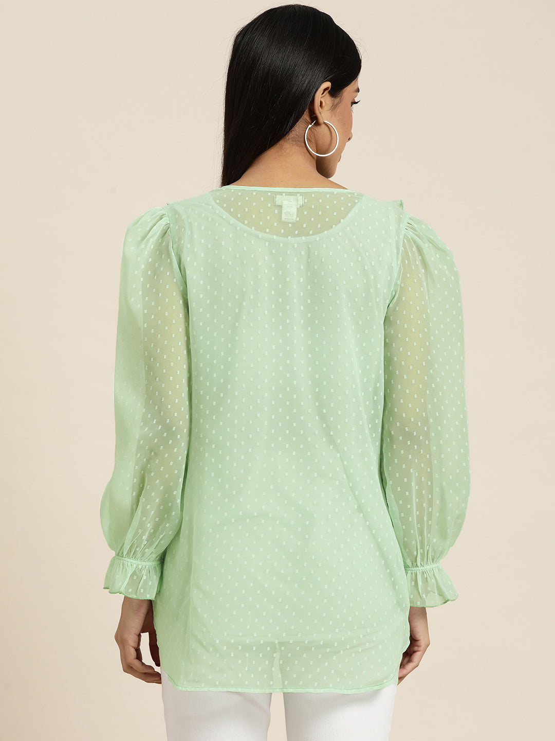 Pastels Light Mint Green Regular Fit V Neck Full Ruffle Sleeve Georgette Top