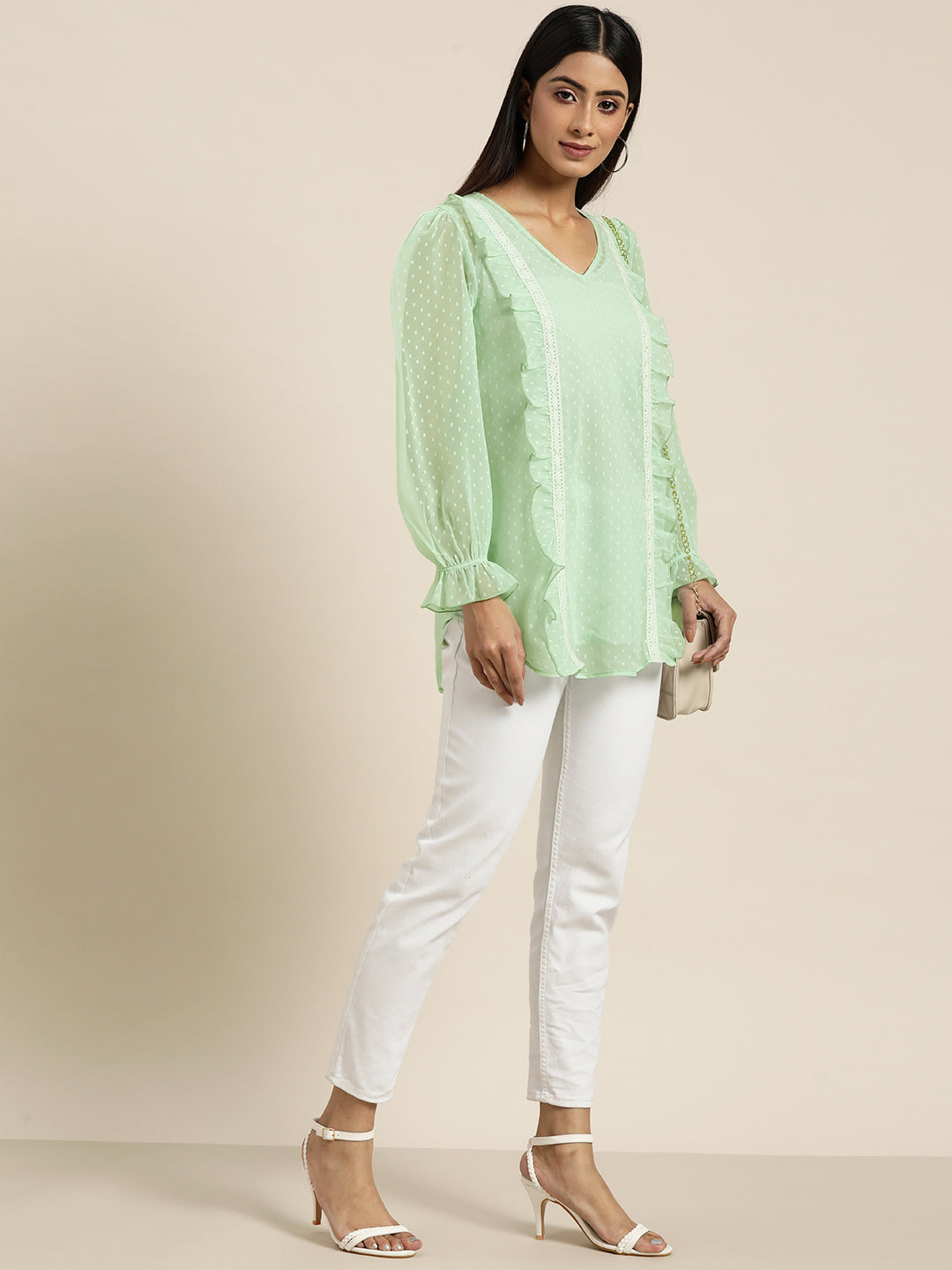 Pastels Light Mint Green Regular Fit V Neck Full Ruffle Sleeve Georgette Top