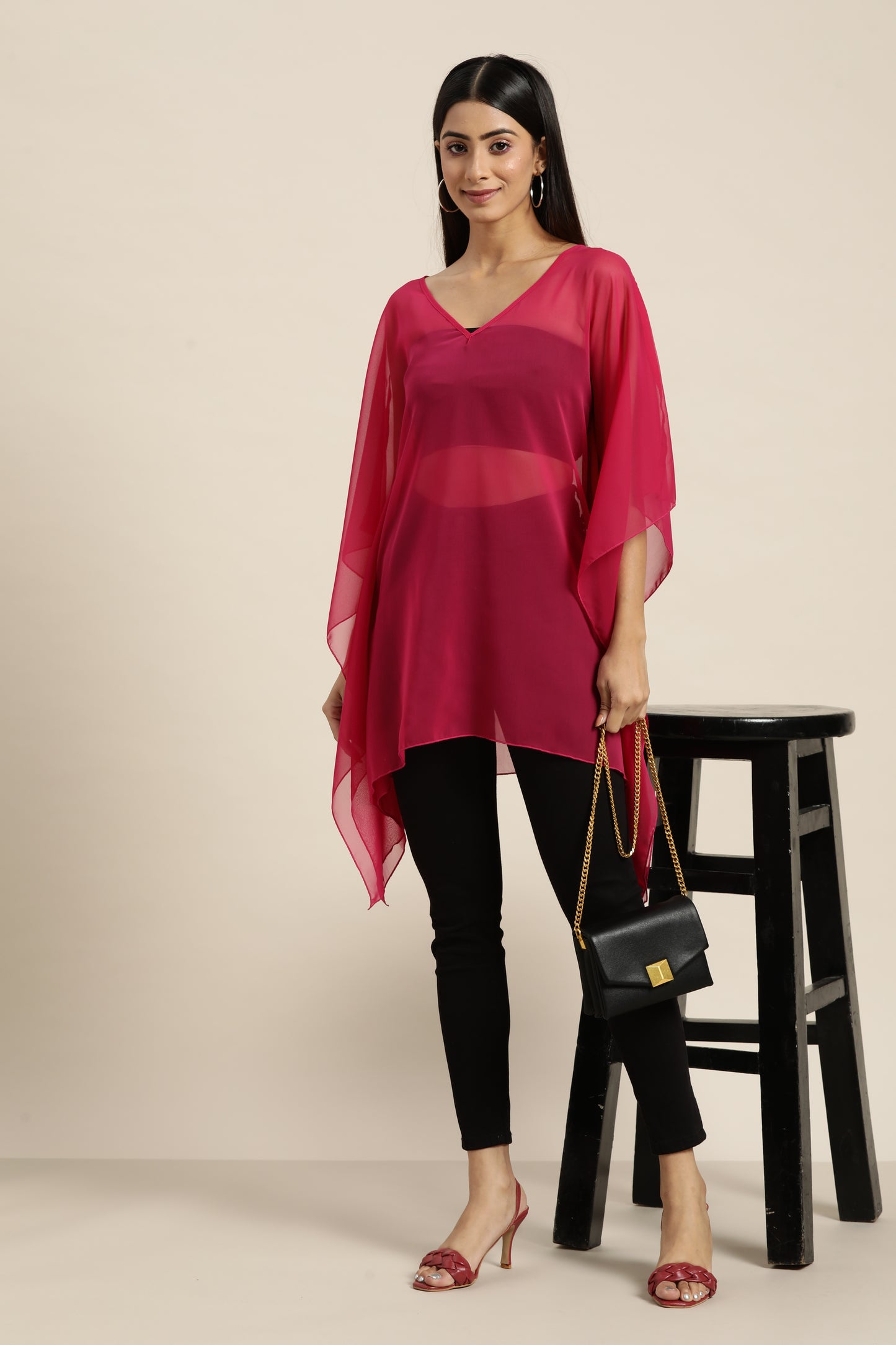 Solid Bright Magenta Loose Fit Boat Neck Batwing Sleeve Georgette Poncho