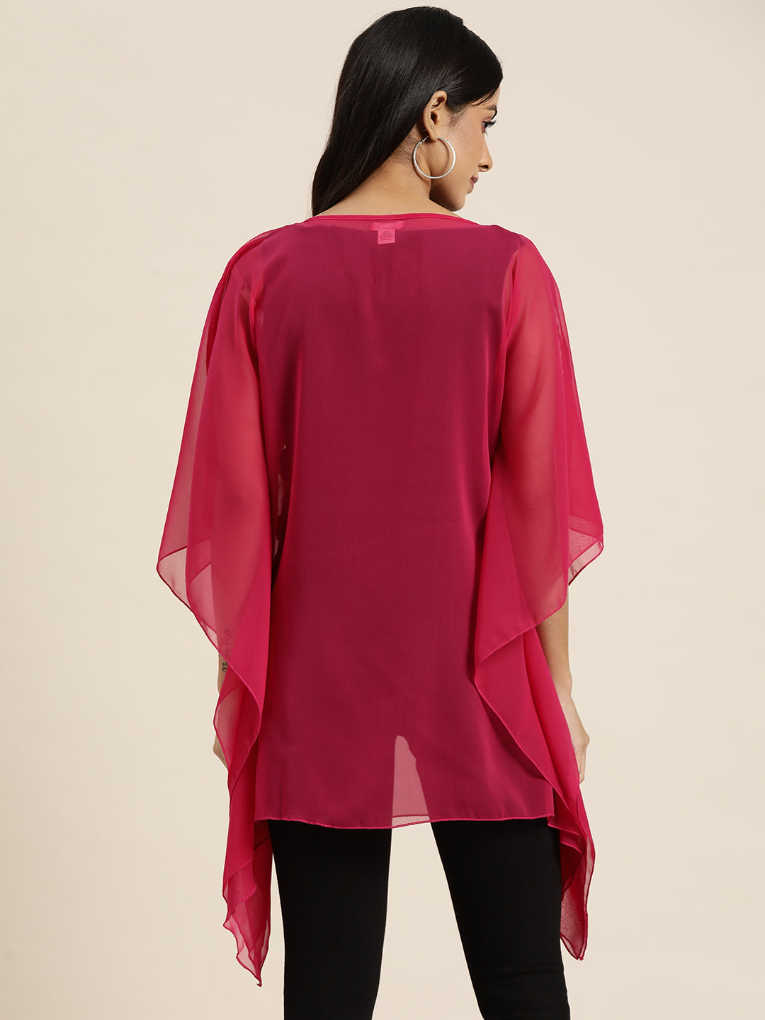 Solid Bright Magenta Loose Fit Boat Neck Batwing Sleeve Georgette Poncho