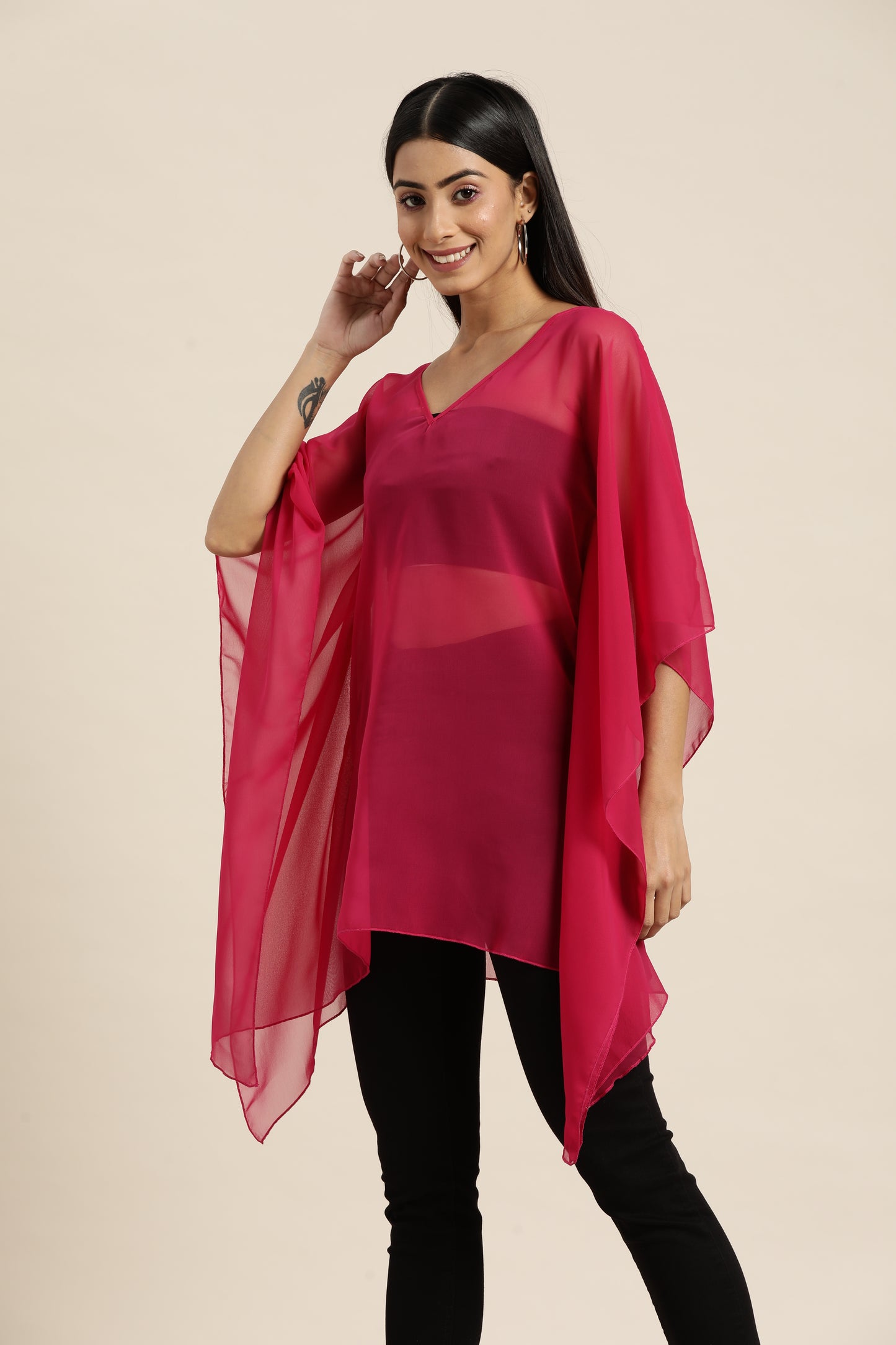 Solid Bright Magenta Loose Fit Boat Neck Batwing Sleeve Georgette Poncho