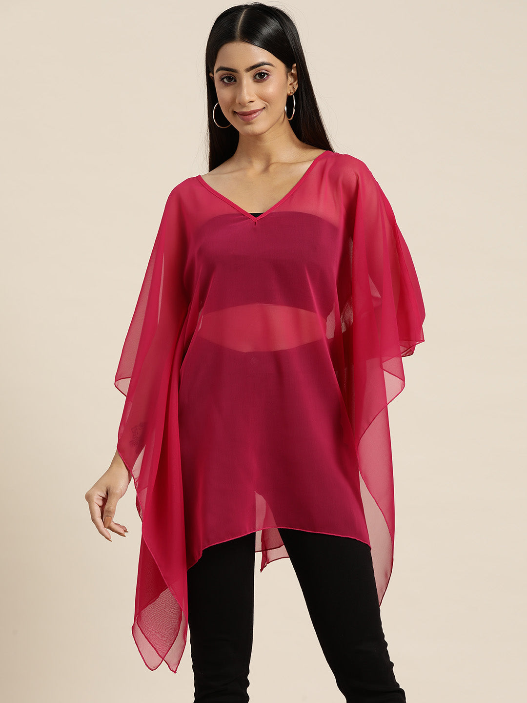 Solid Bright Magenta Loose Fit Boat Neck Batwing Sleeve Georgette Poncho