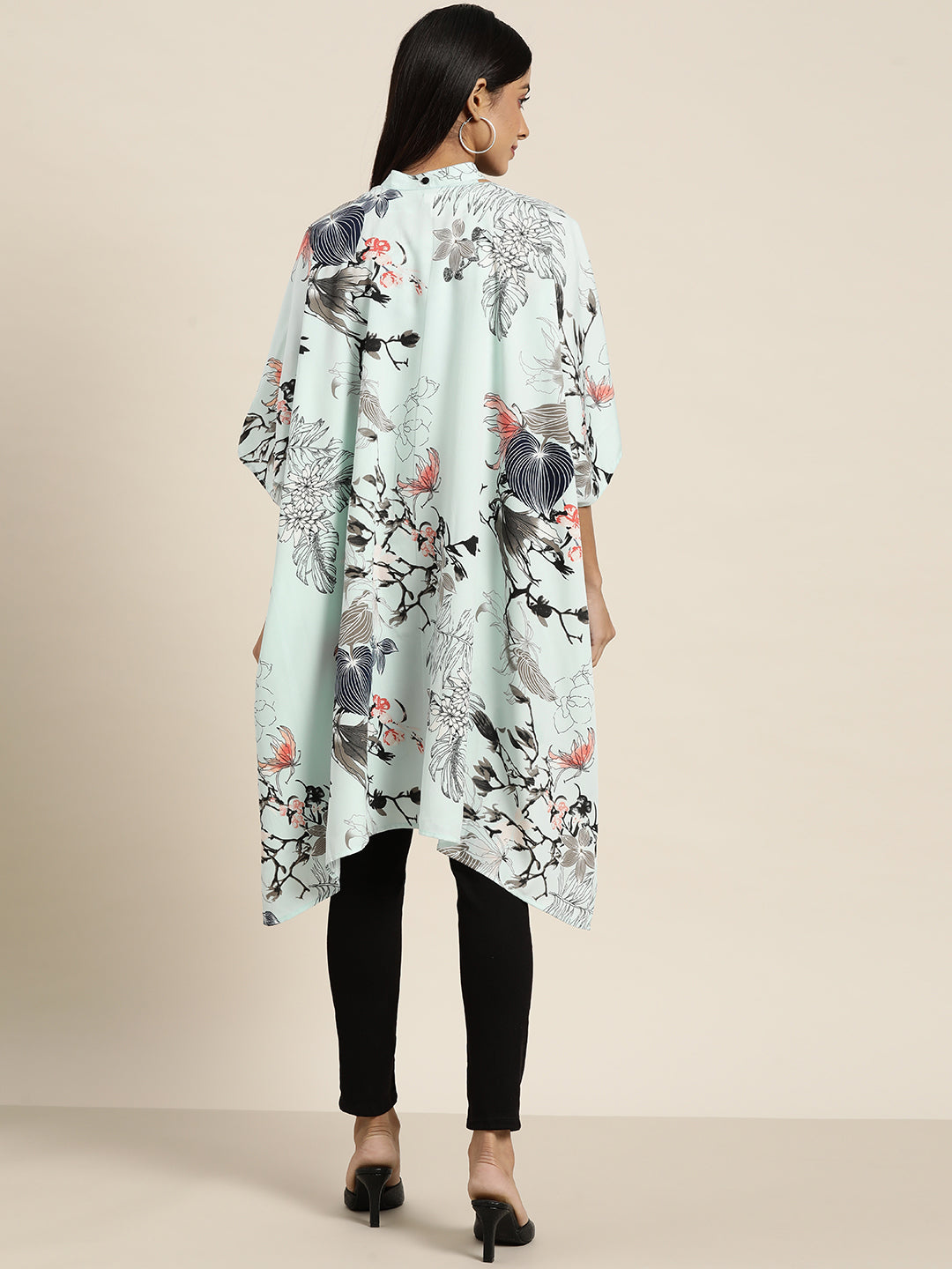 Pastels Print Floral Light Blue Regular Fit V Neck Elbow Length Batwing Sleeve Crepe Shrug