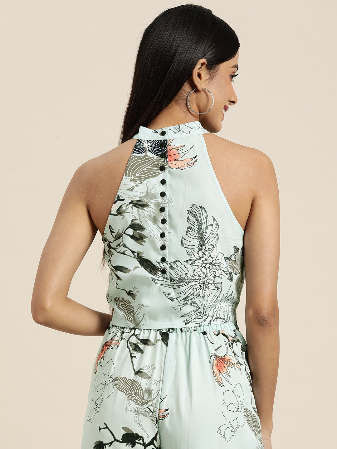Pastels Print Floral Light Blue Slim Fit Mandarin Collar Sleeveless Crepe Top