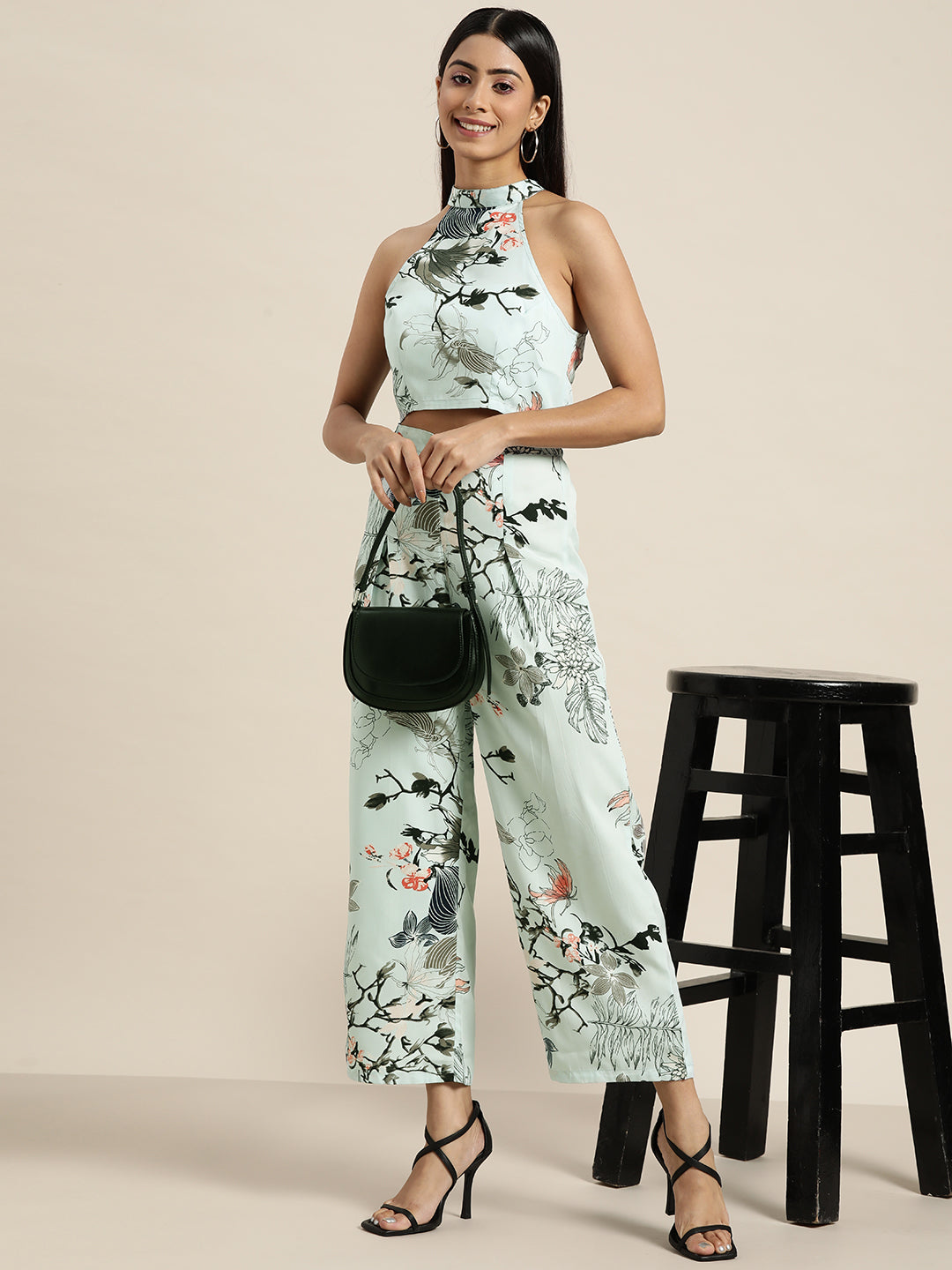 Pastels Print Floral Light Blue Slim Fit Mandarin Collar Sleeveless Crepe Top